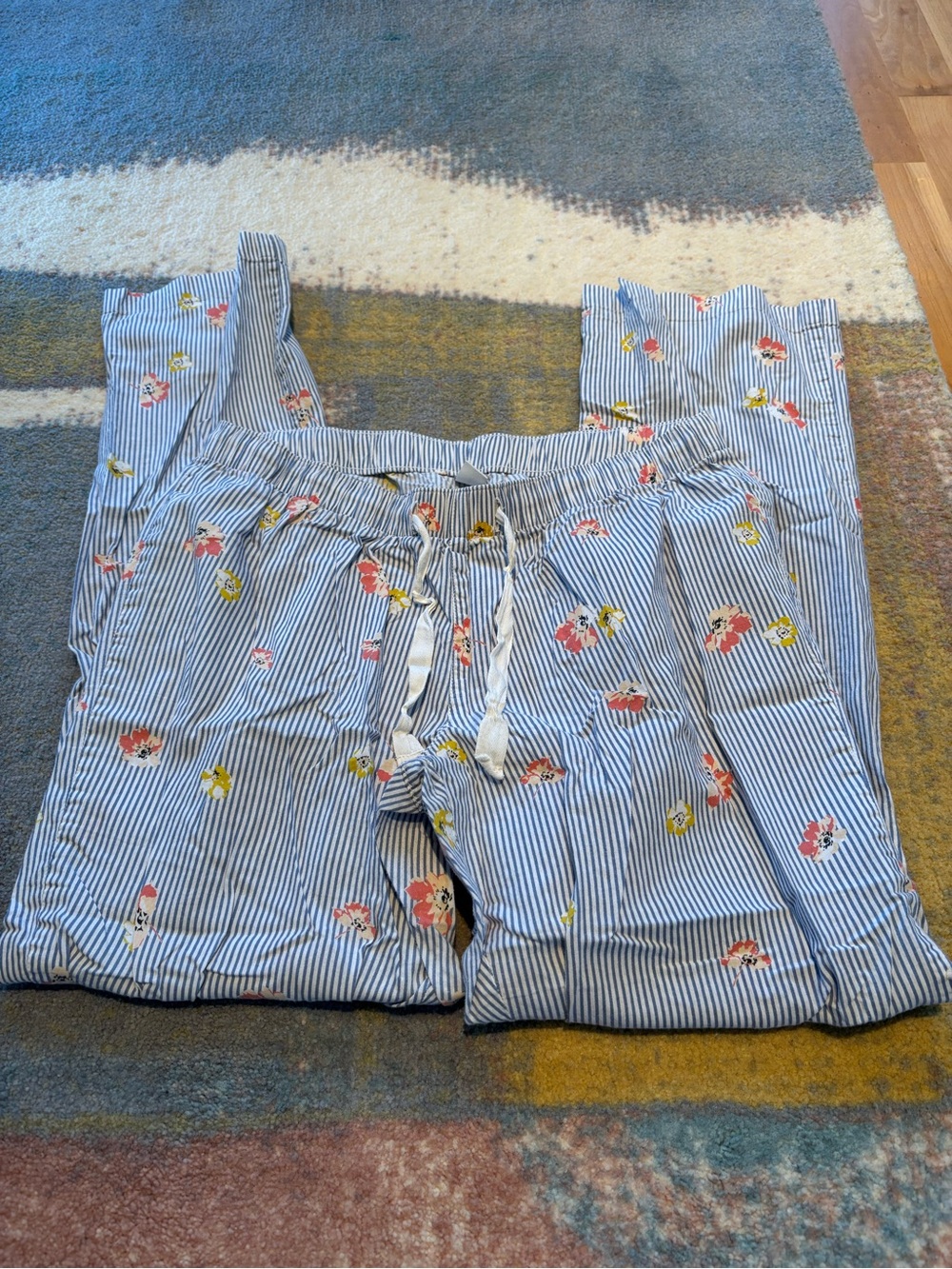 Old Navy Blue and White Striped Pajama Pants with Yellow Floral S